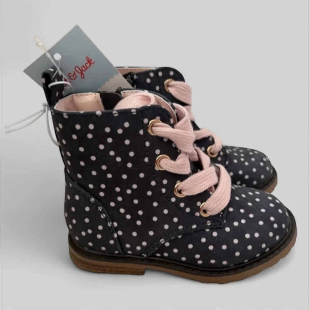 Cat & Jack Toddler Girl Giovanna Lace-Up Zipper Combat Boots Polka Dot Sz 7 NWT
